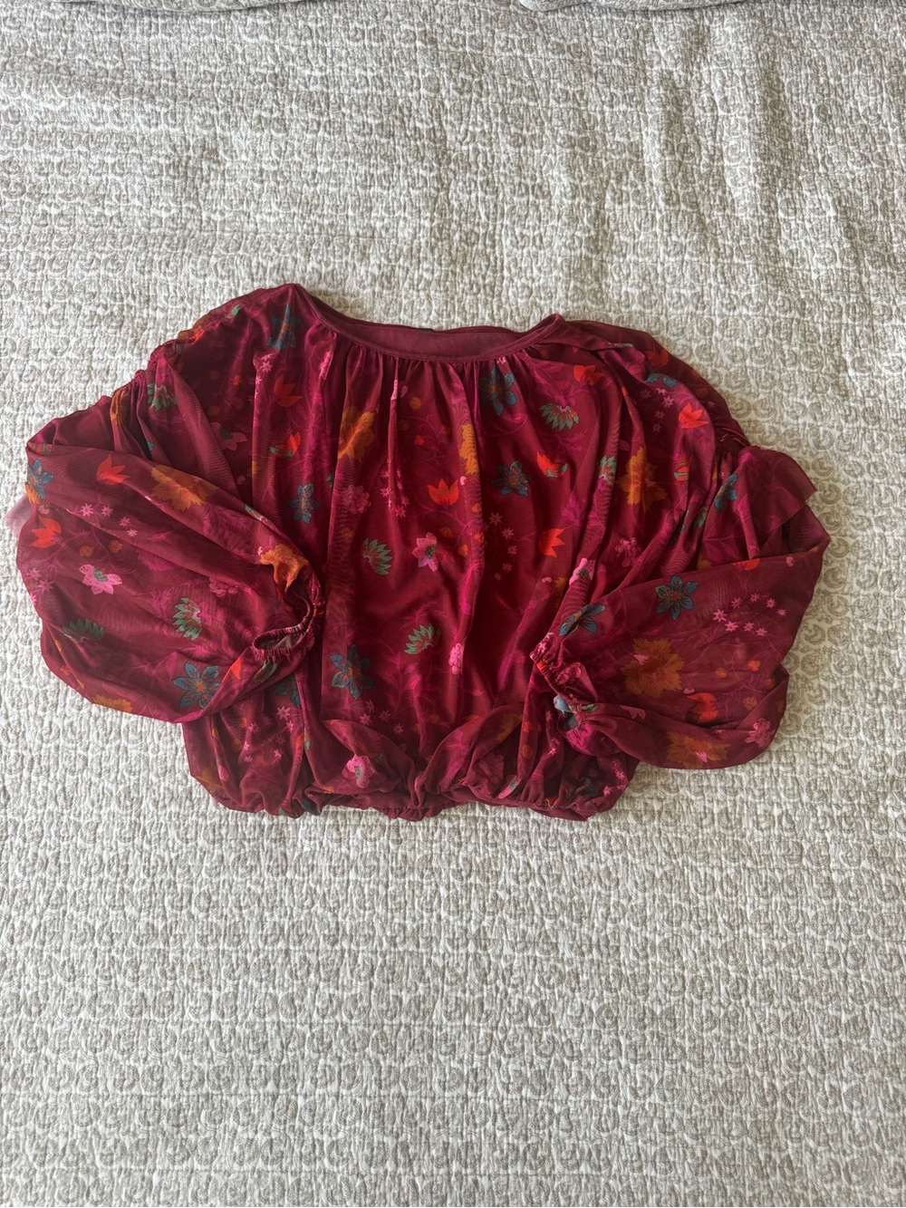 Free People Burgundy Floral Off-Shoulder Balloon Sleeve Top